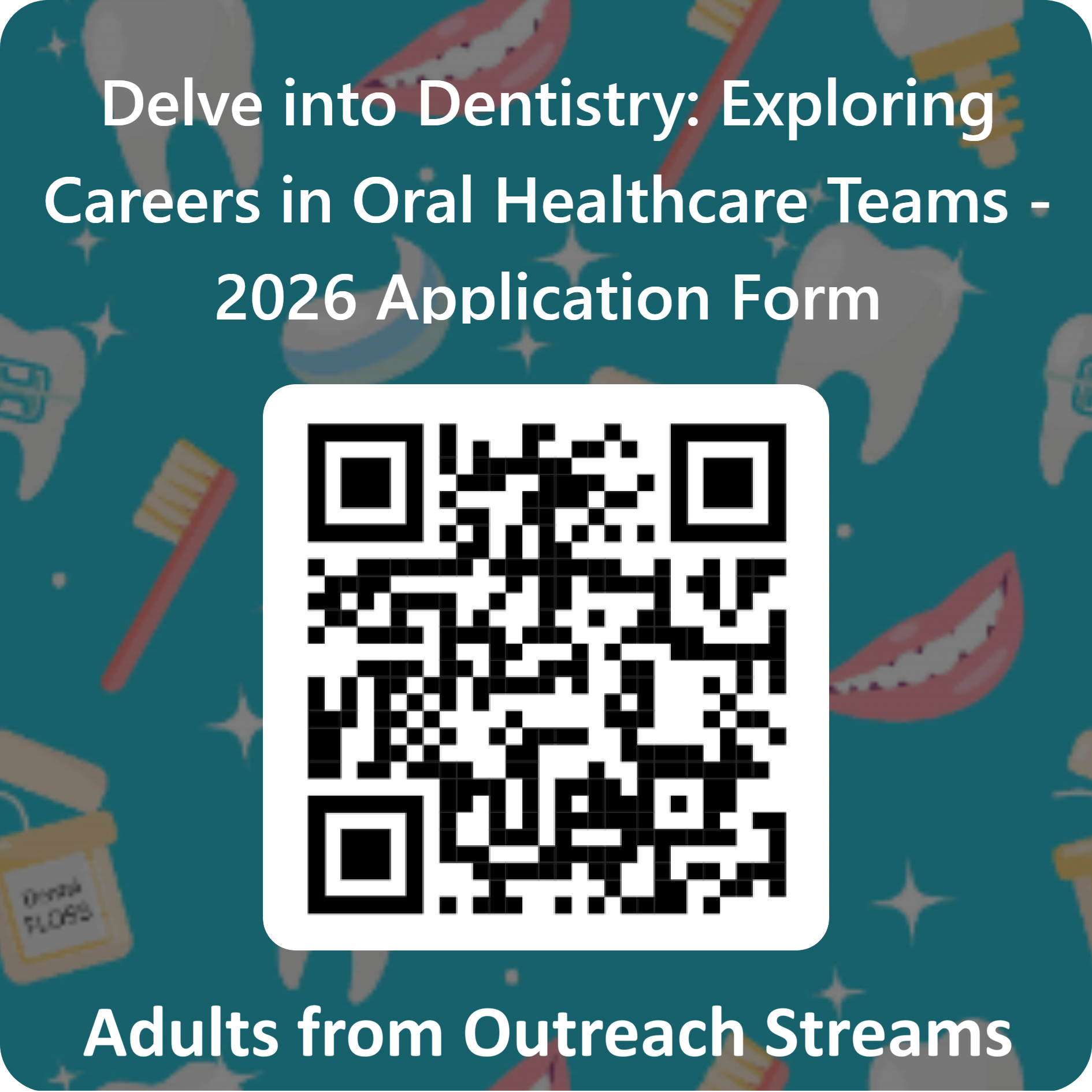 A QR Code with white text above it which says 